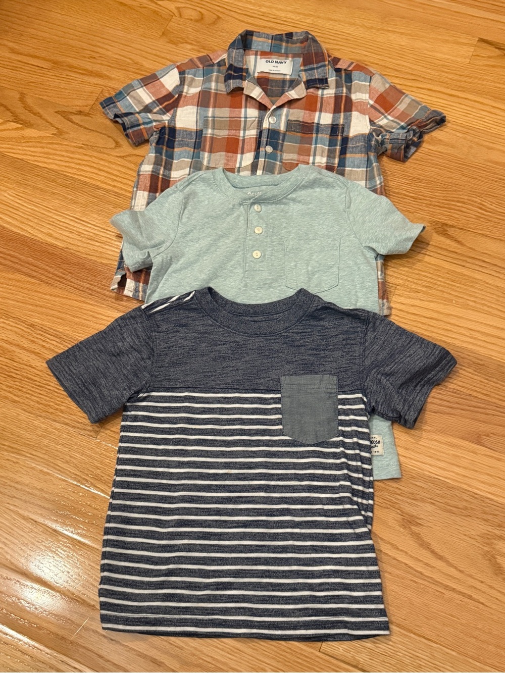 Navy Striped Pocket Tee, Mint Henley & Plaid Button-Up Short Sleeve Top
